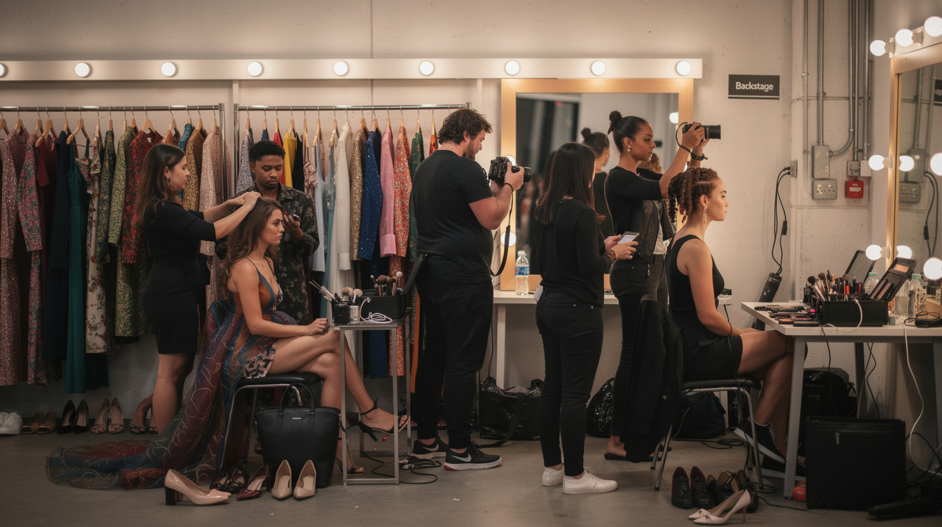Backstage crew preparing models before a fashion show